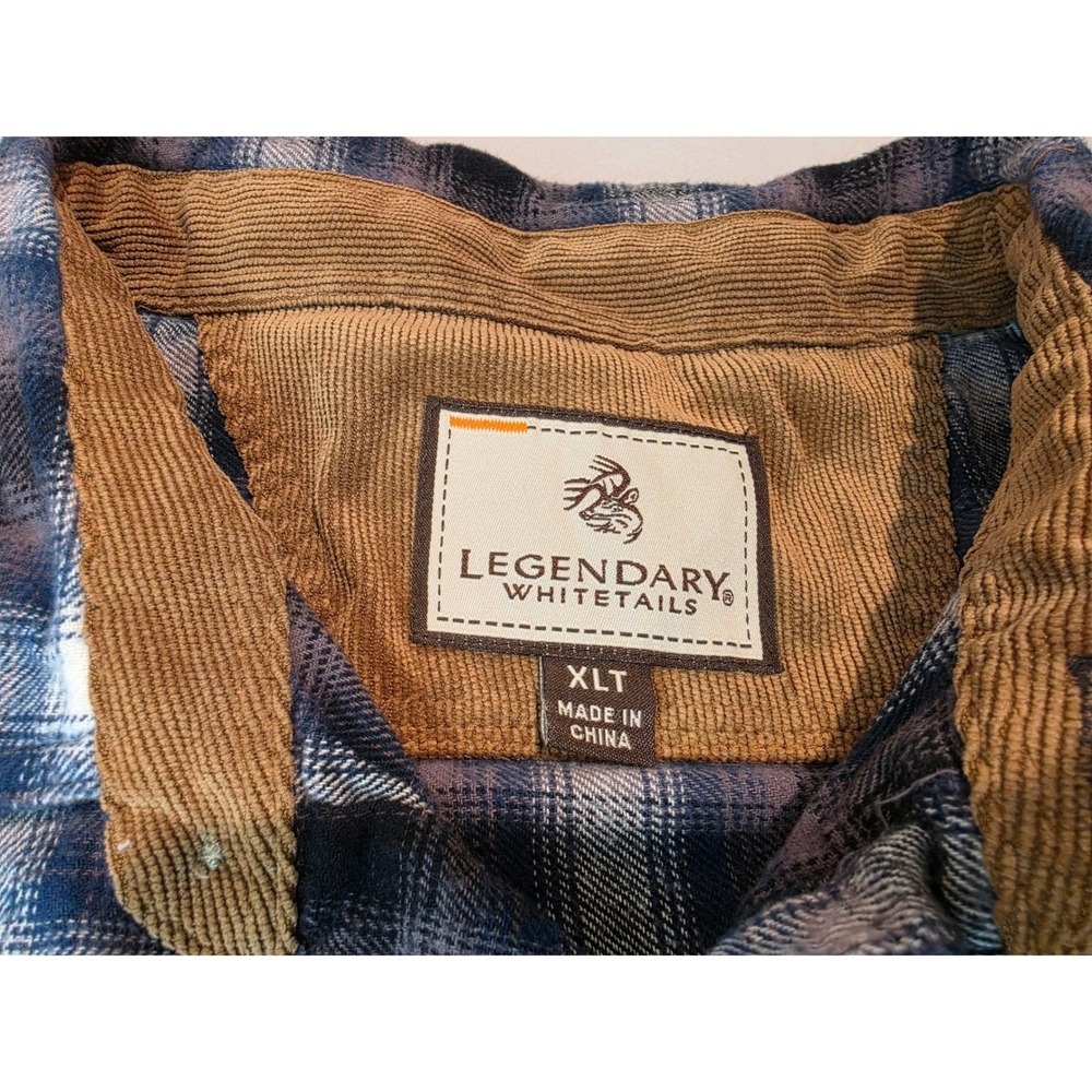 Legendary Whitetails Men XLT Blue Brown Plaid Flannel Shirt Corduroy Trim Cotton - Picture 2 of 9